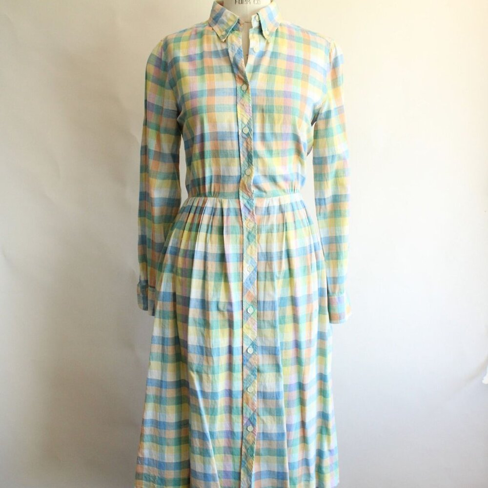 Vintage 1970s 1980s Dress with Pockets, Parade Pastel Plaid Shirtwaist, - Picture 2 of 10